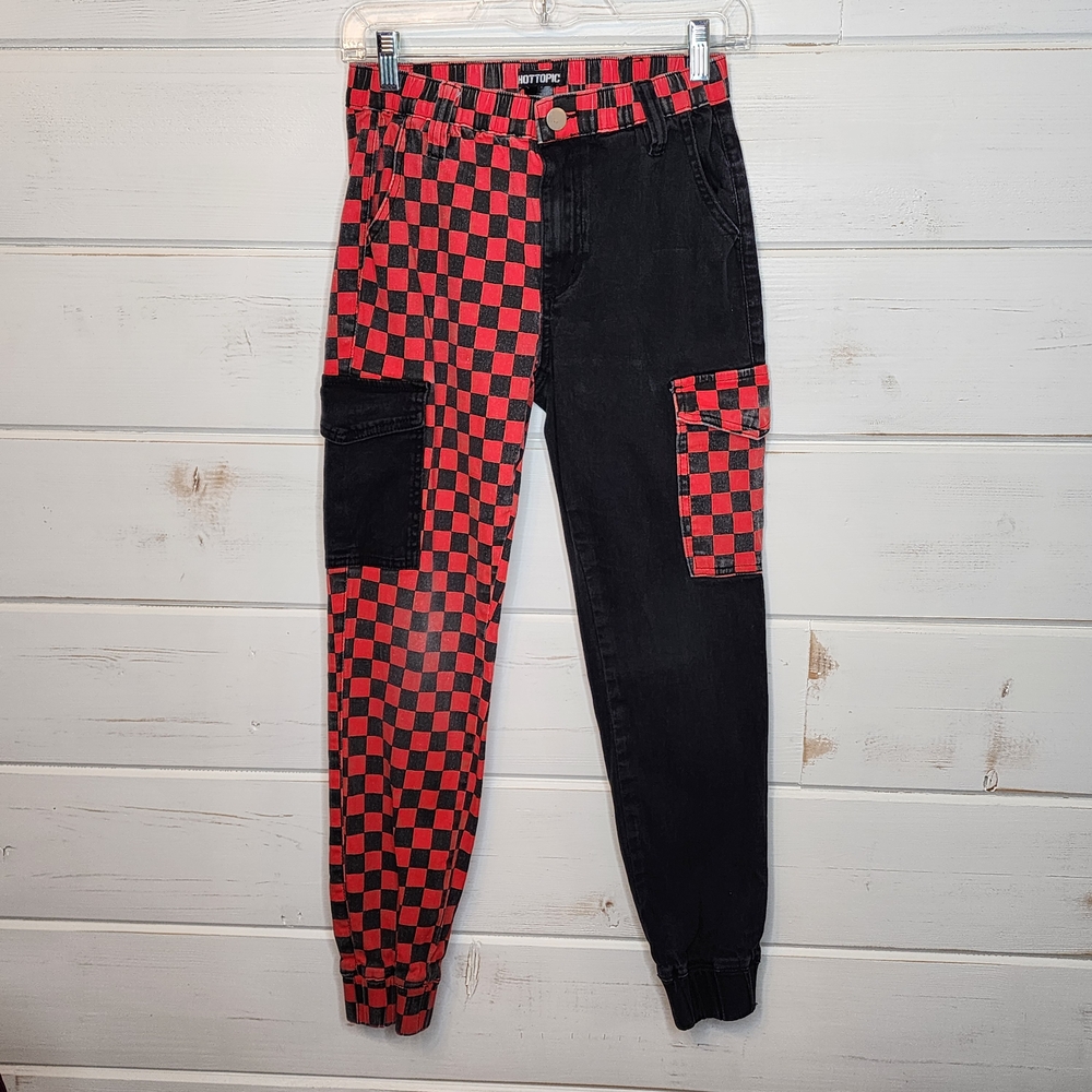 Hot Topic Split Red and Black Plaid Cargo Jogger Pants Small